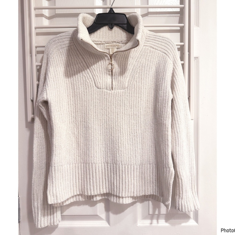 Cynthia Rowley White Soft Chenille Knit Ribbed Sweater Xsmall